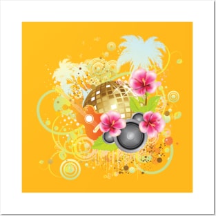 Tropical party poster with hibiscus and guitar Posters and Art